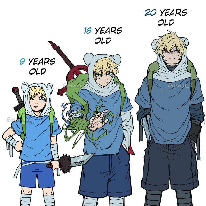 1boy adventure_time age_progression animal_hood bandages bandaid bandaid_on_face bandaid_on_nose bear_hood blonde_hair blue_eyes blue_shirt blue_shorts commentary darent_z english_commentary finn_the_human hand_in_pocket highres hood hood_up looking_at_viewer male_focus mechanical_arms one_eye_closed pocket prosthesis prosthetic_arm shirt short_hair short_sleeves shorts simple_background single_mechanical_arm sword weapon white_background