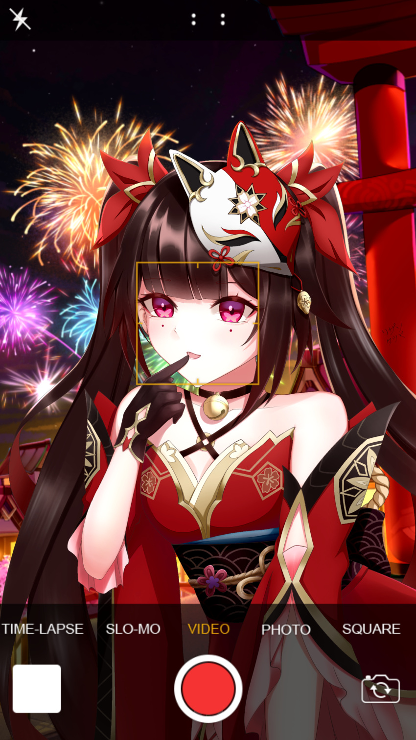 1girl :d absurdres bare_shoulders bell black_choker black_gloves bow brown_hair choker criss-cross_halter dress fake_phone_screenshot fake_screenshot finger_to_mouth fireworks fox_mask gloves gradient_hair hair_bow halterneck highres honkai:_star_rail honkai_(series) long_hair looking_at_viewer mask mask_on_head multicolored_hair neck_bell night o-ring open_mouth outdoors outstretched_arm pink_eyes red_bow red_dress red_sleeves redhead rizan_tatsuya short_sleeves sidelocks single_glove sleeveless sleeveless_dress smile solo sparkle_(honkai:_star_rail) torii twintails upper_body viewfinder