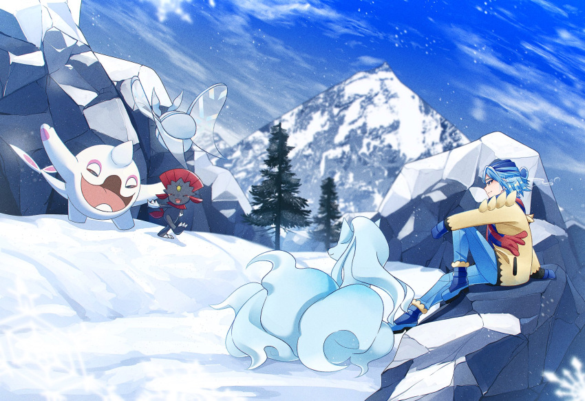 1boy alolan_ninetales arm_support blue_footwear blue_hair blue_mittens blue_pants boots cetoddle closed_mouth clouds commentary_request day frosmoth grusha_(pokemon) highres jacket long_sleeves male_focus mittens mocacoffee_1001 mountain outdoors pants pokemon pokemon_(creature) pokemon_sv signature sitting sky smile snow snowflakes weavile yellow_jacket