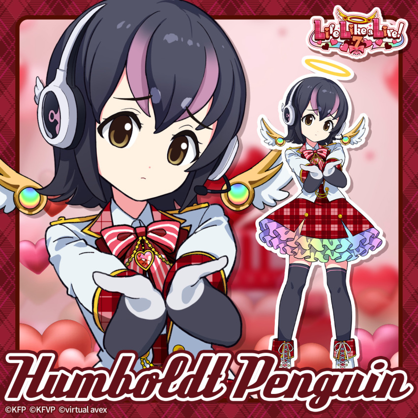 1girl angel angel_wings black_eyes black_hair boots bow bowtie copyright_name full_body gloves headphones heart highres humboldt_penguin_(kemono_friends) jacket kemono_friends kemono_friends_v_project lifelikealive looking_at_viewer microphone multicolored_hair official_art penguin_girl pink_background purple_hair shirt short_hair simple_background skirt solo thigh-highs two-tone_hair upper_body virtual_youtuber wings