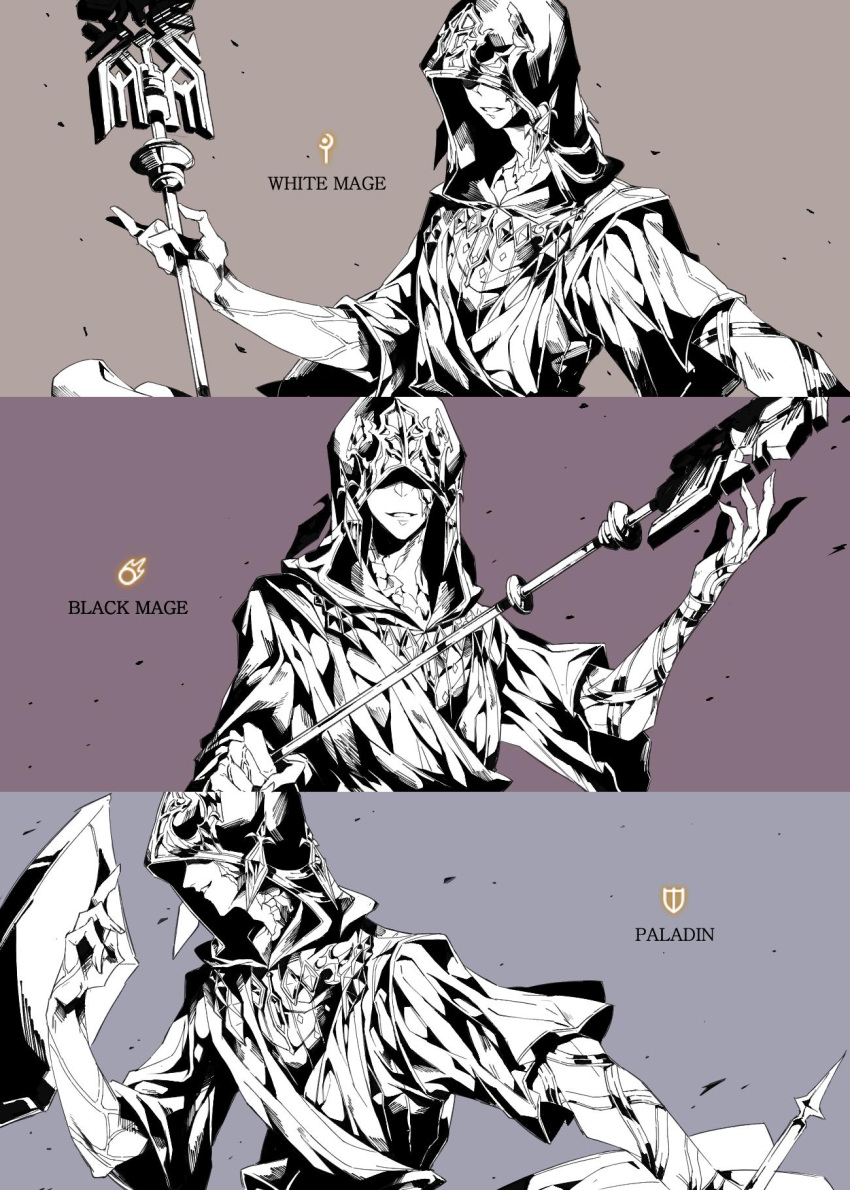 1boy black_mage crystal_exarch facing_viewer final_fantasy final_fantasy_xiv g'raha_tia greyscale_with_colored_background highres holding holding_scepter hooded_robe multiple_views paladin_(final_fantasy) robe scepter smile tladpwl03 white_mage