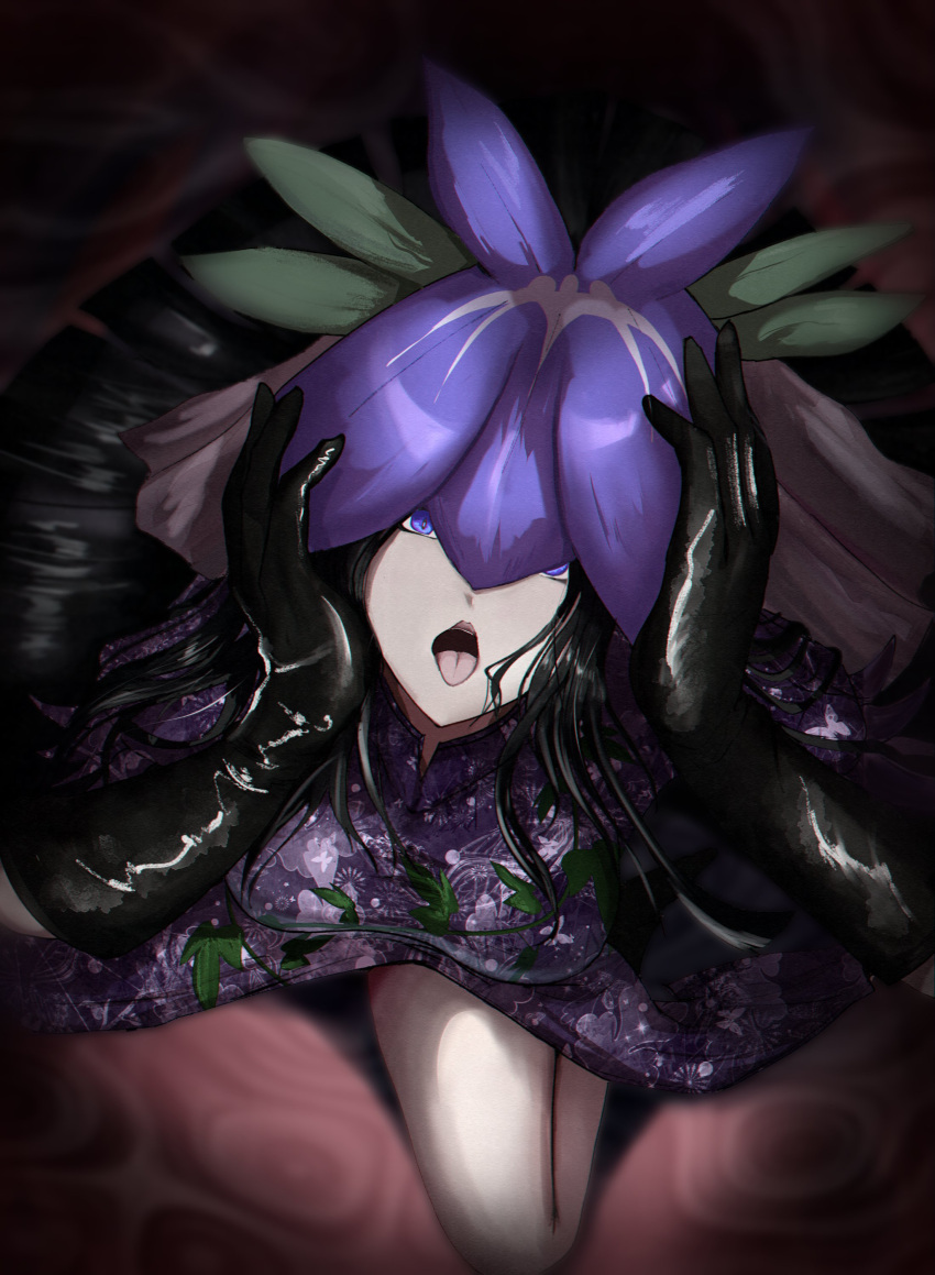 1girl absurdres black_gloves black_hair china_dress chinese_clothes covered_eyes dress flower flower_on_head gloves hands_on_own_head highres kneeling lipstick long_hair looking_at_viewer makeup open_mouth purple_dress solo tongue tongue_out touhou very_long_hair vine_print violet_eyes yama_kabosu yomotsu_hisami