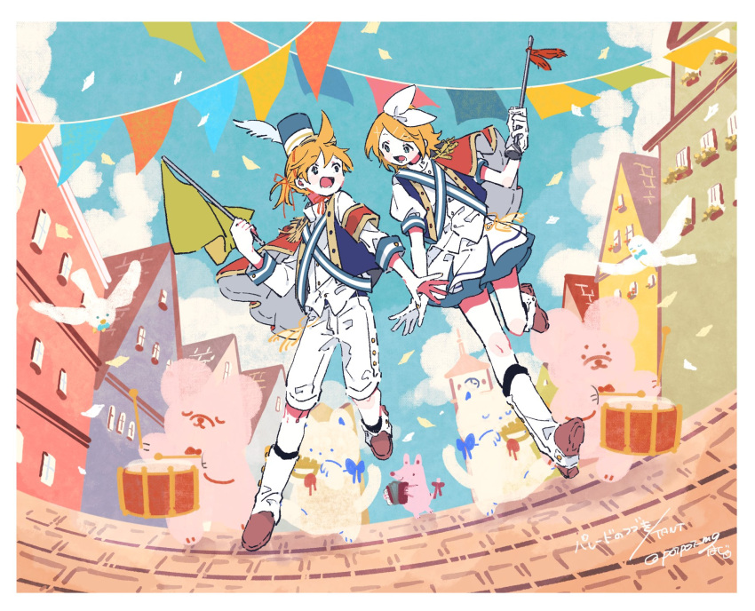 1boy 1girl armband bear bird blonde_hair blue_jacket blue_sky border brick_road building cape capri_pants cat clouds commentary_request drum drumsticks flag hazime highres holding holding_baton holding_flag instrument jacket kagamine_len kagamine_rin open_mouth outdoors pants parade red_cape shirt shirt_partially_tucked_in signature skirt sky string_of_flags surprised_arms vocaloid walking white_footwear white_pants white_shirt white_skirt