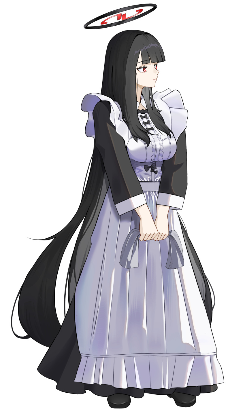 1girl absurdres alternate_costume apron black_dress black_hair blue_archive blunt_bangs breasts commentary dress enmaided halo highres large_breasts long_hair looking_to_the_side maid revision rio_(blue_archive) simple_background solo straight_hair talo_(63078778) very_long_hair white_apron white_background