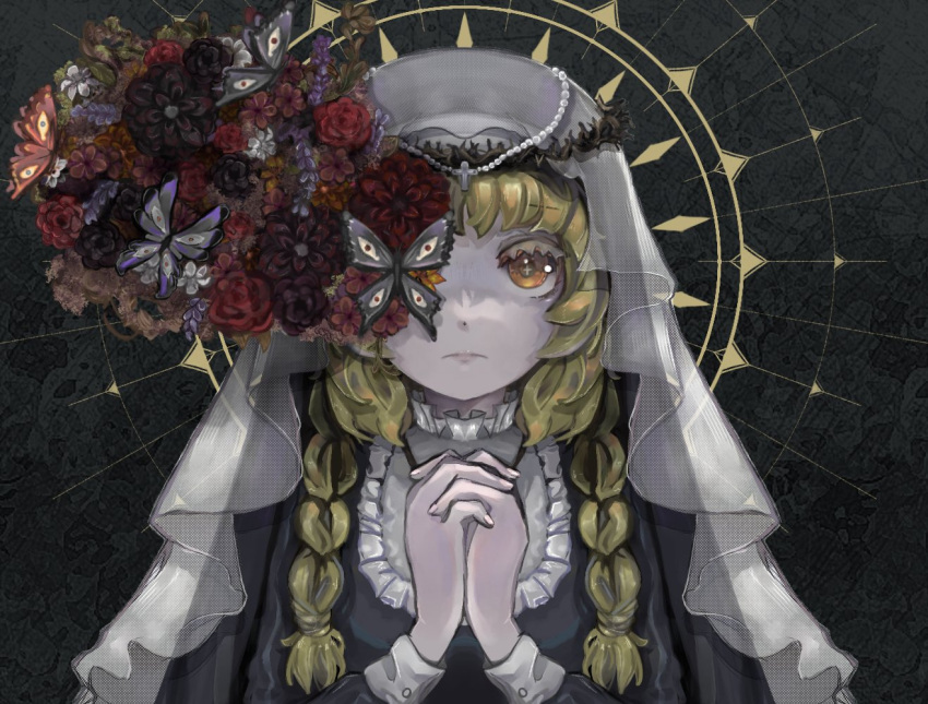 1girl blonde_hair braid bug butterfly habit lebkuchen_(little_goody_two_shoes) little_goody_two_shoes medium_hair nun own_hands_clasped own_hands_together palms_together praying solo traditional_nun twin_braids ultraeviltaco veil