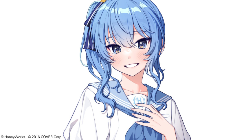14_(vision5032) 1girl aqua_sailor_collar blue_eyes blue_hair blue_neckerchief blue_ribbon blush collarbone commentary_request copyright_notice grin hair_between_eyes hair_ribbon hand_on_own_chest happy_tears highres hololive honeyworks hoshimachi_suisei looking_at_viewer medium_hair neckerchief official_alternate_costume official_art pink_nails puffy_sleeves ribbon sailor_collar school_uniform serafuku shirt side_ponytail sidelocks simple_background smile solo star_(symbol) star_in_eye straight-on symbol_in_eye tears upper_body virtual_youtuber white_background white_serafuku white_shirt