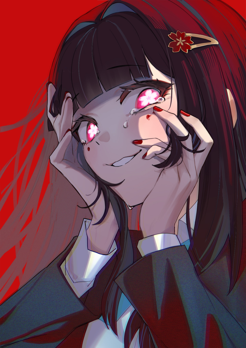 1girl :d black_jacket blazer brown_hair collared_shirt flower-shaped_pupils from_side glowing glowing_eyes grin hair_intakes hair_ornament hairclip hands_on_own_cheeks hands_on_own_face highres honkai:_star_rail honkai_(series) jacket lempika long_hair looking_at_viewer nail_polish open_clothes open_jacket open_mouth pink_eyes portrait red_background red_nails school_uniform shirt simple_background smile solo sparkle_(honkai:_star_rail) straight_hair symbol-shaped_pupils teeth white_shirt