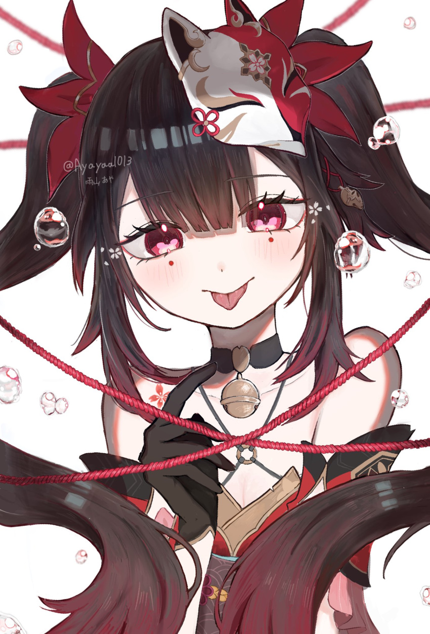 1girl :p ameyama_aya bare_shoulders bell black_choker black_gloves bow brown_hair choker closed_mouth collarbone dress floating_hair fox_mask gloves hair_bow hand_up head_tilt highres honkai:_star_rail honkai_(series) index_finger_raised long_hair looking_at_viewer mask mask_on_head neck_bell pink_eyes portrait red_bow red_dress signature simple_background sleeveless sleeveless_dress smile solo sparkle_(honkai:_star_rail) tongue tongue_out twintails twitter_username water_drop white_background
