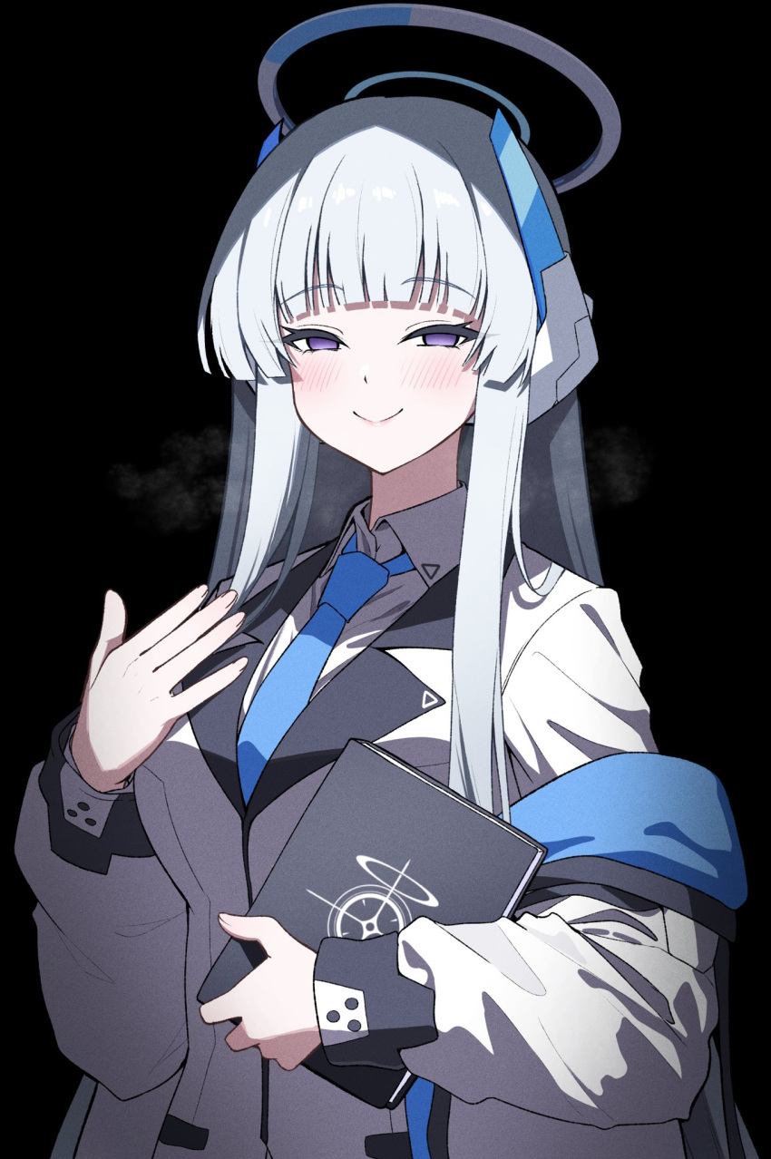 1girl black_background blazer blue_archive blue_jacket blue_necktie blush breasts closed_mouth collared_shirt half-closed_eyes halo hand_on_own_chest headphones highres holding holding_notebook hugging_object jacket large_breasts long_bangs long_hair long_sleeves looking_at_viewer mechanical_halo necktie noa_(blue_archive) notebook off_shoulder open_clothes open_jacket reia_76 shirt sidelocks simple_background smile solo straight_hair two-sided_fabric two-sided_jacket upper_body violet_eyes white_hair white_jacket white_shirt