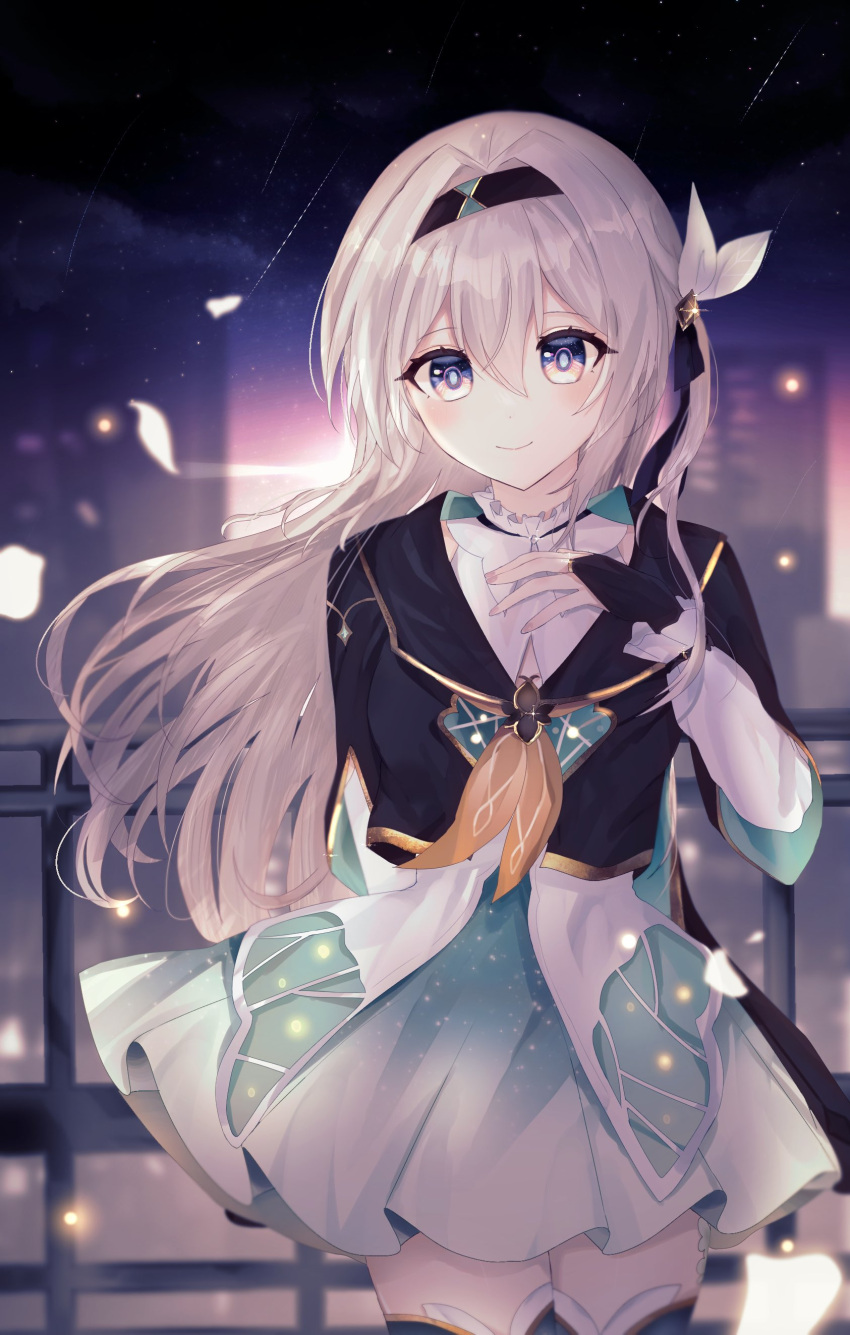 1girl absurdres black_hairband black_jacket blue_eyes blue_pupils blue_skirt blush bow bridal_gauntlets building closed_mouth cowboy_shot cropped_jacket evening firefly_(honkai:_star_rail) floating_hair grey_hair hair_between_eyes hair_bow hair_intakes hairband hand_on_own_chest highres honkai:_star_rail honkai_(series) jacket legs_together long_hair long_sleeves looking_at_viewer me_(y287) neckerchief orange_neckerchief outdoors pink_eyes pleated_skirt railing shooting_star sidelocks skirt smile solo star_(sky) sunset thigh-highs two-tone_eyes white_bow zettai_ryouiki