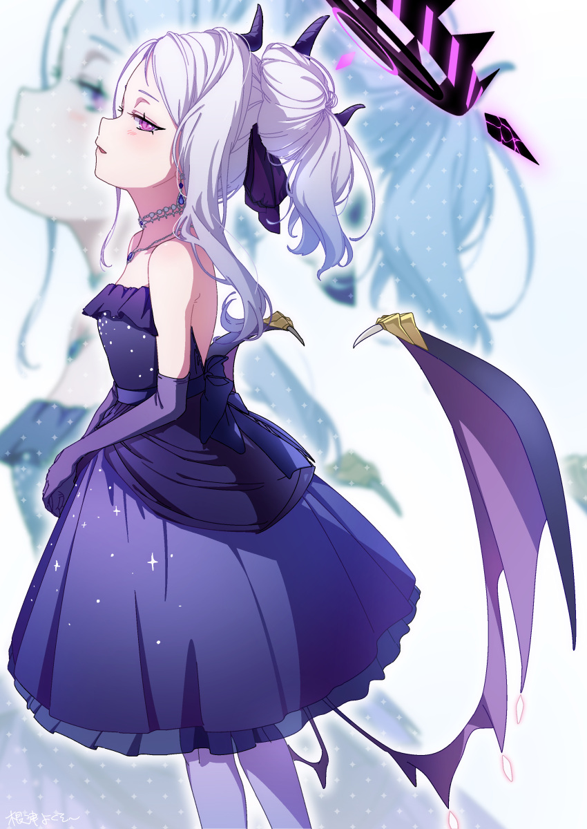 1girl absurdres bare_shoulders blue_archive blue_gemstone demon_horns demon_wings dress earrings elbow_gloves from_side gem gloves hair_bun halo highres hina_(blue_archive) hina_(dress)_(blue_archive) horns jewelry multiple_horns necklace official_alternate_costume open_mouth pantyhose purple_dress purple_gloves purple_pantyhose solo strapless strapless_dress violet_eyes white_hair wings yoku_soy zoom_layer