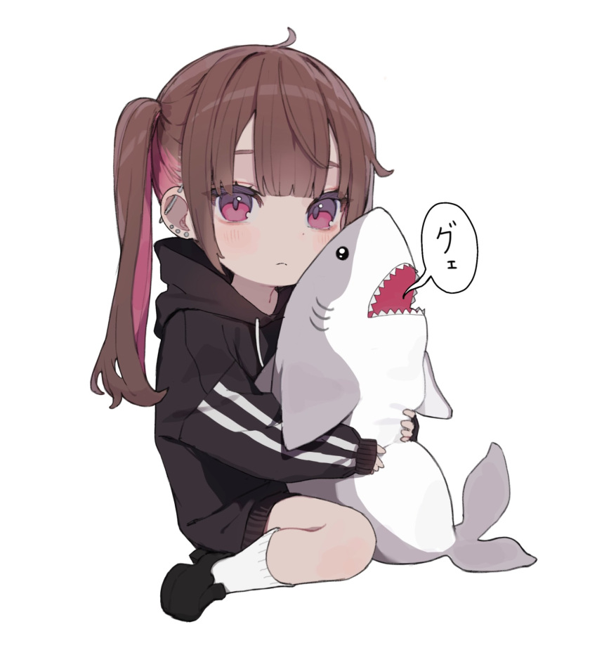 1girl barbell_piercing blush brown_hair chibi daluto_(hitomi555) ear_piercing expressionless full_body highres hood hoodie industrial_piercing long_hair looking_at_viewer multicolored_hair original piercing pink_hair simple_background sitting sleeves_past_wrists socks solo stuffed_animal stuffed_shark stuffed_toy twintails two-tone_hair white_background white_socks