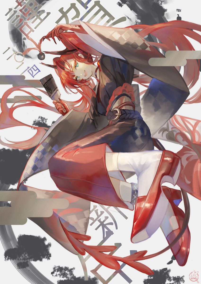 1girl 2024 arknights black_kimono claws colored_skin commentary_request egasumi full_body green_eyes hagoita hemorina highres inkblot japanese_clothes kimono long_hair long_sleeves looking_at_viewer new_year open_mouth paddle red_footwear red_skin redhead signature simple_background smile socks solo toddifons_(arknights) twintails white_background white_socks wide_sleeves