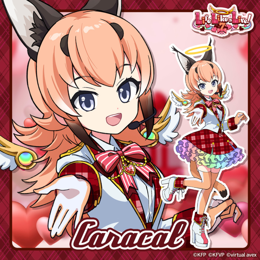 1girl angel angel_wings animal_ears blue_eyes boots bow bowtie caracal_(kemono_friends) cat_ears cat_girl cat_tail copyright_name extra_ears full_body gloves heart highres jacket kemono_friends kemono_friends_v_project lifelikealive long_hair looking_at_viewer microphone official_art orange_hair pink_background shirt simple_background skirt solo tail thigh-highs upper_body virtual_youtuber wings