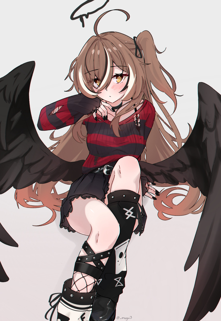 1girl ahoge bird_girl black_choker black_hair black_halo black_leg_warmers black_nails black_ribbon black_skirt black_sweater black_wings blush brown_eyes brown_hair choker emo_fashion english_commentary fishnets friend_(nanashi_mumei) grey_background hair_over_one_eye hair_ribbon halo highres hololive hololive_english huge_ahoge liquid_halo long_hair looking_at_viewer low_wings magui3 melting_halo multicolored_hair nail_polish nanashi_mumei nanashi_mumei_(4th_costume) official_alternate_costume official_alternate_hairstyle one_side_up red_sweater ribbon simple_background sitting skirt solo streaked_hair striped_clothes striped_sweater sweater sweater_tucked_in torn_clothes torn_sweater two-tone_sweater virtual_youtuber white_hair white_leg_warmers wings
