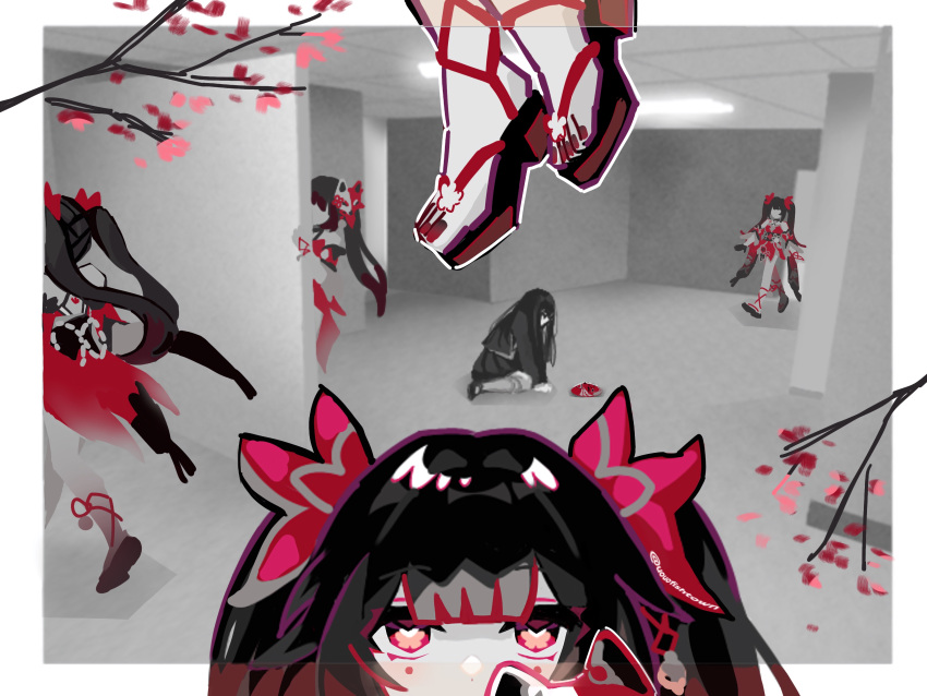 6+girls absurdres backrooms_(creepypasta) bow brown_hair ceiling clone dual_persona floating fox_mask hair_bow highres honkai:_star_rail honkai_(series) indoors leaning_forward long_hair looking_at_viewer mask mask_on_head multiple_girls partially_colored pink_eyes red_bow sandals sitting sparkle_(honkai:_star_rail) straight-on tile_ceiling tiles twintails uouofishtown wariza