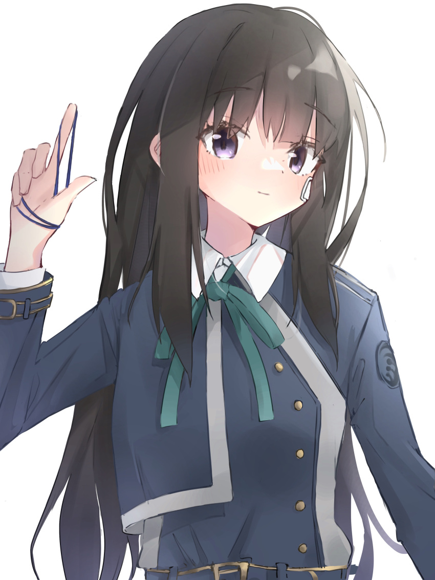 1girl absurdres bandage_on_face bandages belt black_hair blue_shirt bow bowtie closed_mouth collared_shirt dot_nose fertilizerrrr green_bow green_bowtie hand_up highres holding index_finger_raised inoue_takina light_smile long_hair long_sleeves looking_at_viewer lycoris_recoil lycoris_uniform rubber_band shirt sidelocks simple_background solo upper_body violet_eyes white_background