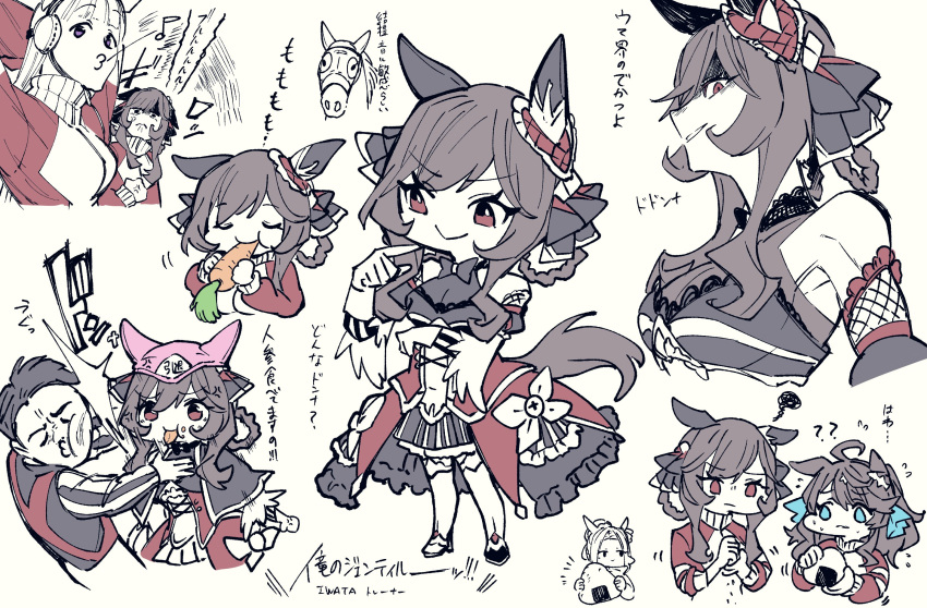 1boy 4girls ahoge animal_ears armpits biting_own_lip black_bow blue_bow bow bright_pupils brown_hair bruise bruise_on_face carrot commentary_request corset covered_navel creature_and_personification daring_tact_(umamusume) deformed ear_covers ear_ornament ears_down eating flying_sweatdrops food gentildonna_(racehorse) gentildonna_(umamusume) gloves gold_ship_(umamusume) hair_bow headgear highres holding holding_food hood horse horse_ears horse_girl horse_tail injury iwata_yasunari jacket jockey long_hair long_sleeves medium_hair mejiro_ramonu_(umamusume) motion_lines multiple_girls multiple_views notice_lines onigiri pink_headwear puckered_lips real_life red_eyes red_jacket see-through shoes short_hair sidelocks sideways_glance squiggle tail takatsuki_nato thigh-highs toned tongue tongue_out track_jacket translation_request umamusume very_short_hair wavy_hair whistling