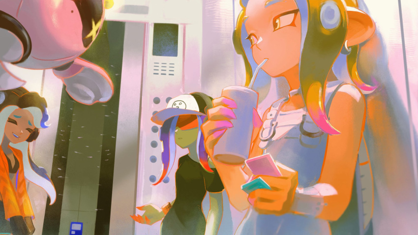 3girls agent_8_(splatoon) baseball_cap black_dress black_hair colored_skin cup dark-skinned_female dark_skin dedf1sh dress drinking_straw drinking_straw_in_mouth elevator green_skin hat headphones highres holding holding_cup lilpong2 long_hair marina_(splatoon) multicolored_hair multiple_girls octoling_girl octoling_player_character pearl_drone_(splatoon) redhead splatoon_(series) splatoon_3 splatoon_3:_side_order tentacle_hair vending_machine
