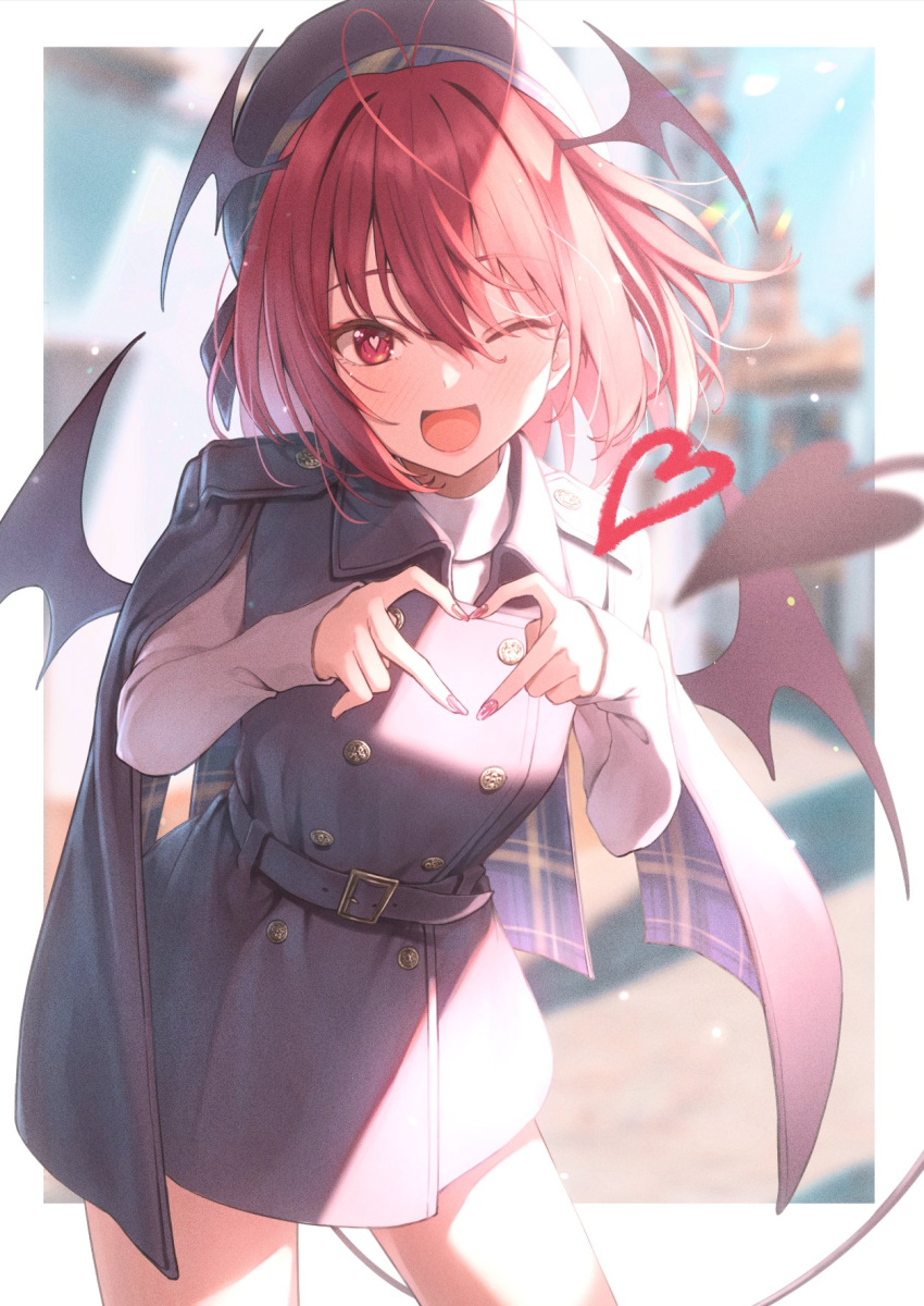 1girl :d belt beret black_belt black_capelet black_dress black_headwear blurry blurry_background blush border buttons capelet character_request contrapposto copyright_request cowboy_shot demon_wings double-breasted dress greenkohgen hands_up hat head_wings heart heart-shaped_pupils heart_hands highres legs_apart long_sleeves looking_at_viewer nail_polish open_mouth outside_border pink_nails plaid_capelet red_eyes redhead shirt short_dress short_hair smile symbol-shaped_pupils thighs two-sided_capelet white_border white_shirt wings