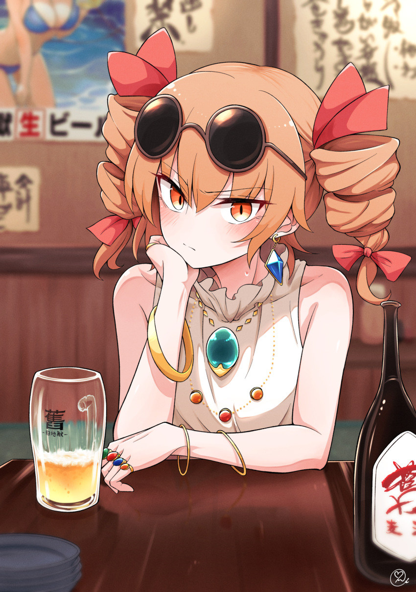 1girl alcohol bangle beer beer_mug blurry blurry_background blush bracelet bromide cup depth_of_field drill_hair eyewear_on_head hand_on_own_cheek hand_on_own_face highres jewelry looking_at_viewer mug orange_hair restaurant scavia10 sunglasses touhou twintails yorigami_jo'on