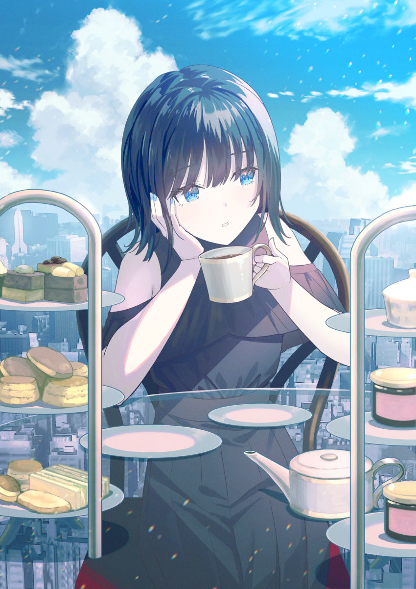 1girl arm_support bare_shoulders black_dress black_hair blue_eyes blue_nails blue_sky cityscape clouds cloudy_sky coffee coffee_mug cup dessert dress food glass_table head_on_hand highres holding holding_cup koh_rd looking_to_the_side mug nail_polish original parted_lips plate sky solo table