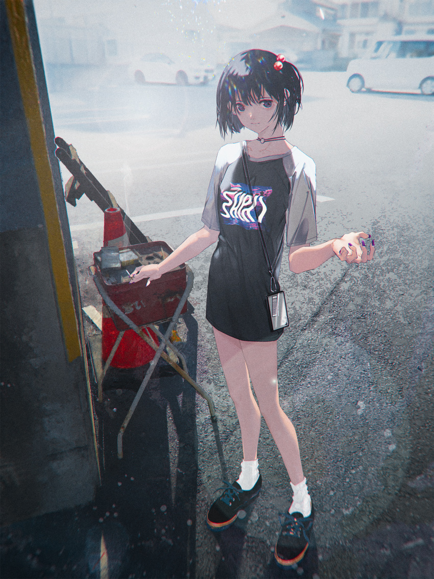1girl absurdres bare_legs black_eyes black_footwear black_hair black_shirt building car choker closed_mouth clothes_writing full_body grey_sleeves hair_bobbles hair_ornament highres ladder light_particles light_smile looking_at_viewer loose_socks motor_vehicle o-ring o-ring_choker original outdoors photo_background purple_nails shiomi_(lowrise) shirt shoes short_hair sneakers socks solo standing traffic_cone two-tone_shirt white_socks
