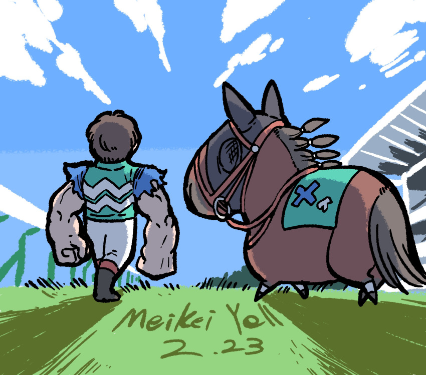 1boy alternate_muscle_size birthday black_footwear boots braid bridle brown_hair character_name chibi commentary_request dated ear_covers grass highres hood horse horse_racing_track ikezoe_ken'ichi long_arms meikei_yell_(racehorse) muscular muscular_male on_grass on_ground outdoors pants pants_tucked_in race_bib racing_colors real_life reins short_hair takatsuki_nato torn_clothes torn_sleeves walking white_pants