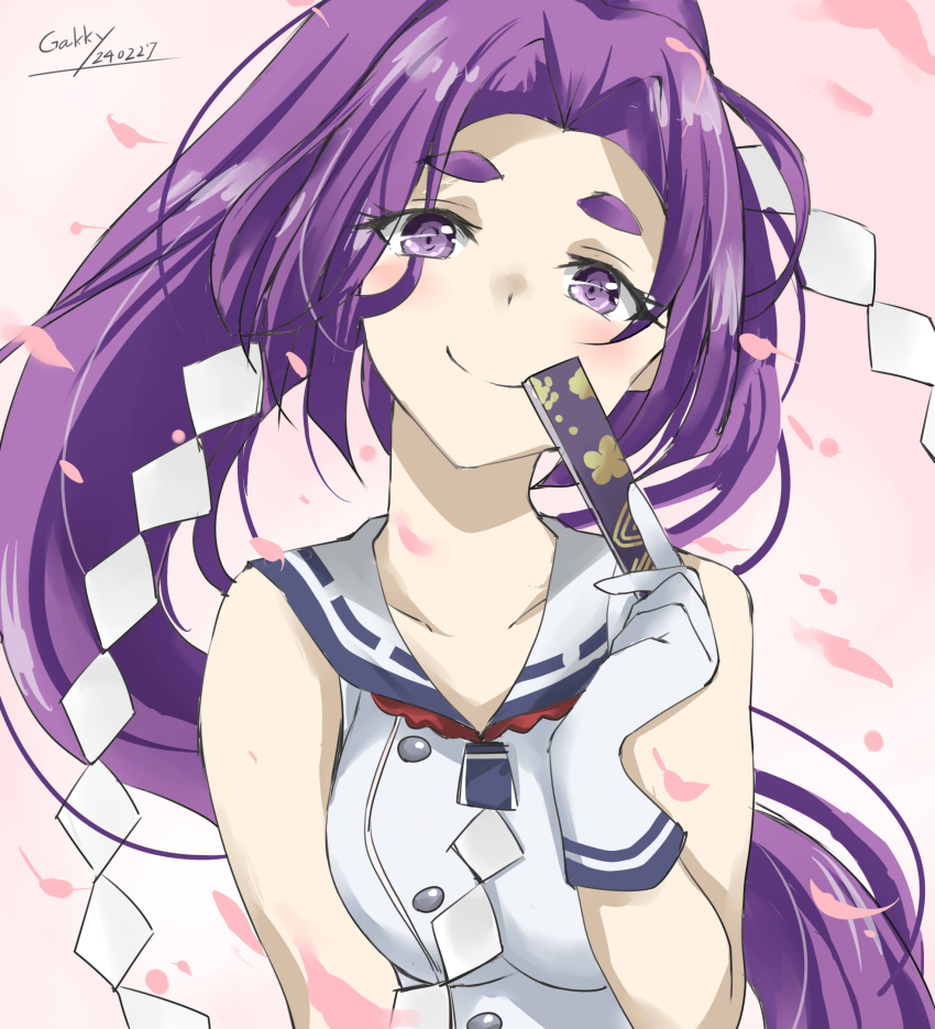 1girl dress folded_fan folding_fan gakky gloves hand_fan hatsuharu_(kancolle) highres hikimayu kantai_collection long_hair looking_at_viewer one-hour_drawing_challenge ponytail purple_hair sailor_dress shide short_eyebrows sleeveless sleeveless_dress smile solo upper_body violet_eyes white_dress white_gloves