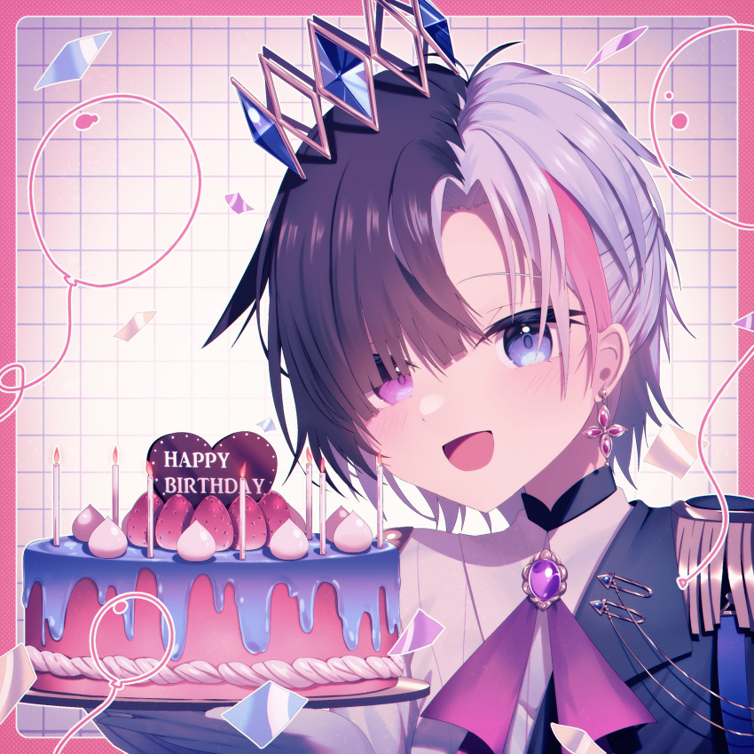 1girl absurdres birthday_cake black_hair cake confetti earrings epaulettes food fruit gloves grey_eyes grey_hair grid_background happy_birthday heterochromia highres holding holding_cake holding_food idol_corp jewelry multicolored_hair open_mouth pink_hair purple_brooch purple_ribbon ribbon rin_penrose sakakidani second-party_source short_hair solo split-color_clothes split-color_hair strawberry violet_eyes virtual_youtuber