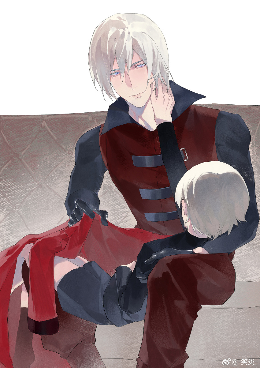 2boys absurdres aged_down bishounen blue_eyes closed_mouth dante_(devil_may_cry) devil_may_cry_(anime) devil_may_cry_(series) gloves hand_on_another's_face highres holding male_focus multiple_boys necktie necktie_grab neckwear_grab siblings smile vergil_(devil_may_cry) weibo_5287344000 white_hair