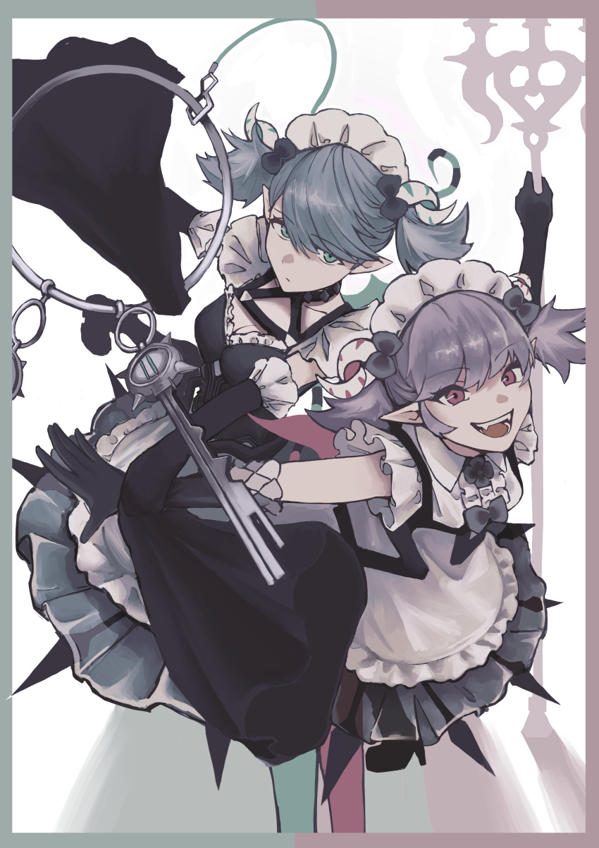 2girls absurdres apron arianna_the_labrynth_servant arianne_the_labrynth_servant black_gloves black_sleeves blush breasts choker demon_girl demon_tail detached_sleeves duel_monster fang gloves green_eyes grey_hair heart heart_tail highres holding holding_staff holding_weapon key keychain long_sleeves looking_at_viewer maid maid_apron maid_headdress medium_breasts multiple_girls outstretched_arms pink_eyes pointy_ears sayamiya_(user_svwn4475) short_twintails skin_fang small_breasts spread_arms staff tail twintails weapon whip yu-gi-oh!