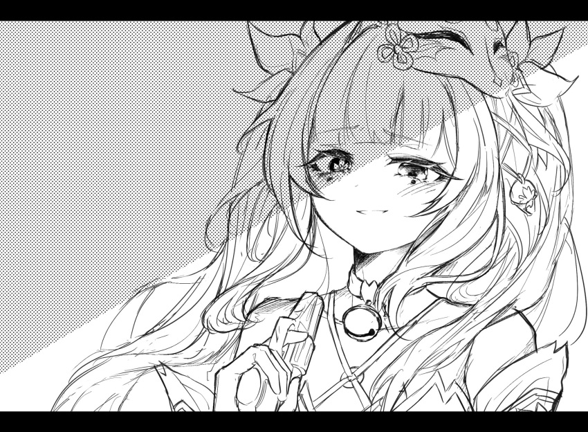 1girl :d bare_shoulders blush bow collarbone criss-cross_halter dress fox_mask greyscale grin gun hair_bow halftone halterneck highres holding holding_gun holding_weapon honkai:_star_rail honkai_(series) letterboxed long_bangs long_hair looking_at_viewer mask mask_on_head monochrome o-ring open_mouth portrait revolver sleeveless sleeveless_dress smile solo sparkle_(honkai:_star_rail) suajeu_1221 teeth twintails weapon