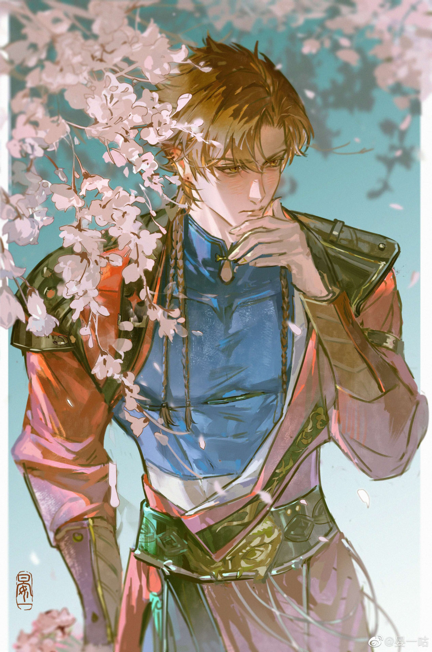 1boy absurdres armor averting_eyes blue_shirt blurry blush border bouquet bracer braid brown_eyes brown_hair chinese_clothes closed_mouth code:_kite depth_of_field ear_piercing earrings falling_petals flower furrowed_brow hand_on_own_chin highres holding holding_bouquet jewelry long_hair long_sleeves multiple_braids parted_bangs petals piercing sash shirt shoulder_armor solo standing stud_earrings sun_ce_(code:_kite) weibo_username white_border yan_yigu