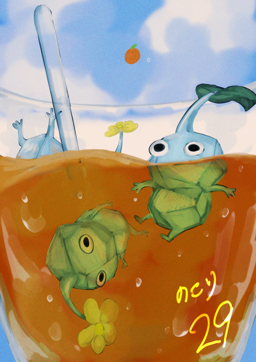 black_eyes blue_skin blue_sky bubble clouds colored_skin commentary_request countdown cup day drinking_straw flower food fruit highres ice ice_pikmin in_container in_cup leaf looking_ahead no_humans no_mouth orange_(fruit) outdoors partially_submerged pikmin_(creature) pikmin_(series) pikmin_4 sky soda submerged upside-down usuba_(hatomugip) yellow_flower