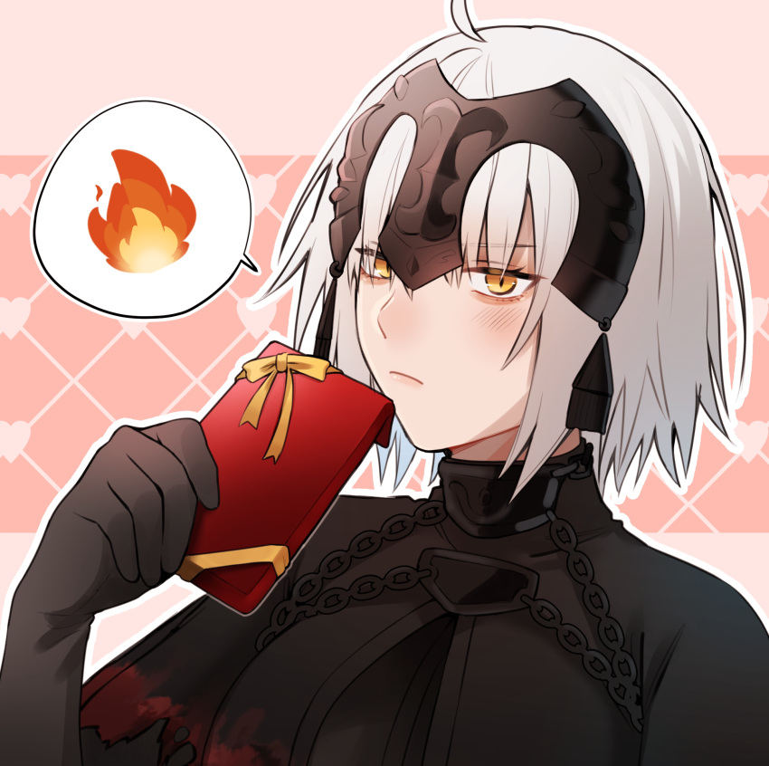 1girl ahoge bags_under_eyes black_capelet black_gloves blush box capelet chain closed_mouth commentary_request fate/grand_order fate_(series) fire fjfs522 gift gift_box gloves headpiece highres holding holding_gift jeanne_d'arc_alter_(avenger)_(fate) jeanne_d'arc_alter_(fate) short_hair solo speech_bubble valentine white_hair yellow_eyes