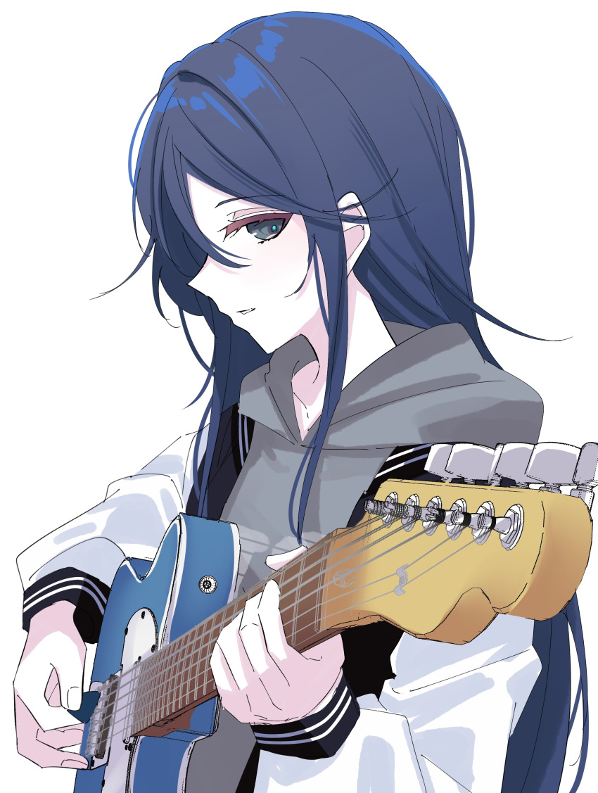 1girl absurdres blue_eyes blue_hair commentary electric_guitar fender_telecaster grey_hoodie guitar hair_between_eyes highres holding holding_instrument holding_plectrum hood hood_down hoodie hoshino_ichika_(project_sekai) instrument jacket long_hair long_sleeves open_clothes open_jacket parted_lips playing_guitar plectrum project_sekai ritzchrono sidelocks simple_background solo upper_body white_background white_jacket