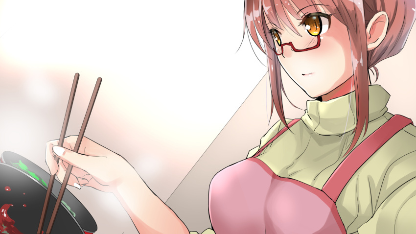 apron breasts brown_eyes chopsticks commentary_request cooking dutch_angle fanged_bangs frying_pan glasses highres holding holding_chopsticks light_blush miracle_hoshi original pink_apron ribbed_sweater sauce steam sweater translation_request turtleneck turtleneck_sweater yellow_eyes