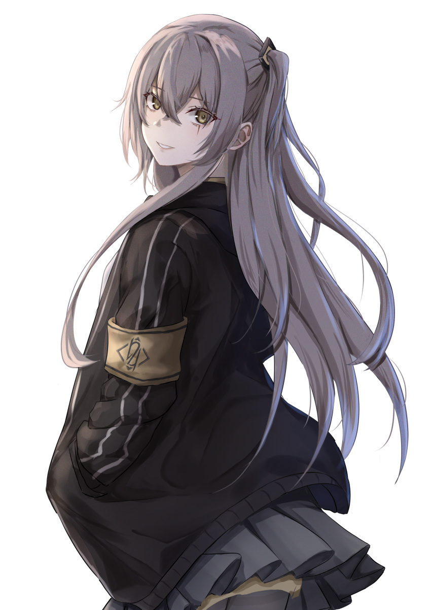 1girl absurdres armband black_jacket girls_frontline hair_between_eyes hands_in_pockets highres jacket light_brown_hair long_hair looking_at_viewer looking_back one_side_up parted_lips pleated_skirt satsumaagee scar scar_across_eye skirt smile solo ump45_(girls'_frontline) upper_body white_background yellow_armband yellow_eyes