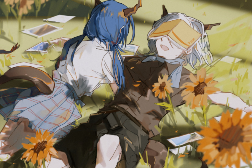 2girls :d arknights black_shirt black_skirt blue_hair blue_skirt book brown_horns brown_tail ch'en_(arknights) chinese_commentary commentary_request covered_eyes dragon_girl dragon_horns dragon_tail facing_away feet_out_of_frame flower grass highres horns knee_up long_hair looking_down lying multiple_girls on_back on_grass on_ground on_stomach open_book open_mouth orange_flower outstretched_arms photo_(object) plaid plaid_skirt plant sheng_suan_qq_mi shirt short_hair short_sleeves skirt smile split_mouth spread_arms sunflower tail talulah_(arknights) twintails white_hair white_shirt