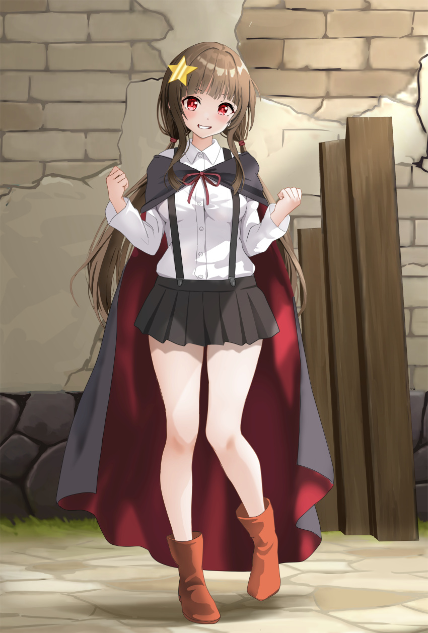 1girl absurdres aged_up black_cape black_skirt blunt_bangs blunt_ends blush boots breasts brown_footwear brown_hair cape clenched_hands collared_shirt colored_eyelashes commentary_request commission day dress_shirt eyebrows_hidden_by_hair full_body gibun_(sozoshu) grin hair_ornament hands_up happy highres komekko kono_subarashii_sekai_ni_shukufuku_wo! long_hair long_sleeves looking_at_viewer low_twintails medium_breasts miniskirt outdoors pleated_skirt red_eyes red_pupils red_ribbon ribbon school_uniform shirt sidelighting sidelocks skirt smile solo standing star_(symbol) star_hair_ornament suspender_skirt suspenders twintails variant_set very_long_hair w_arms white_shirt