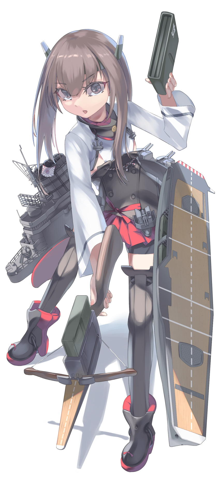 1girl absurdres armor bike_shorts boots breastplate brown_eyes brown_hair crossbow fei_(feikotake) flight_deck full_body headband headgear highres japanese_clothes kantai_collection machinery red_skirt short_hair short_hair_with_long_locks skirt solo taihou_(kancolle) thigh-highs thigh_boots weapon white_background