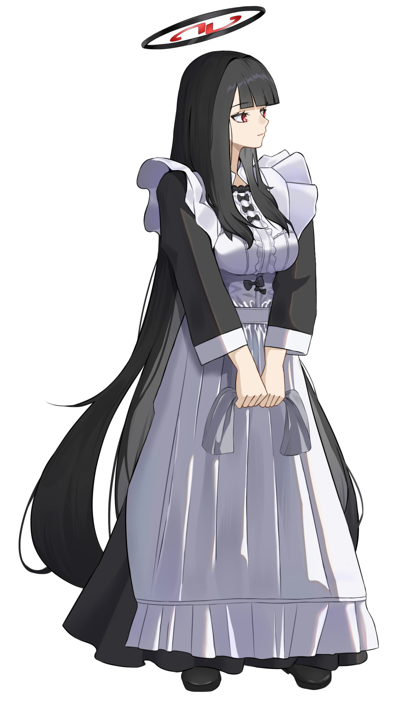 1girl absurdres alternate_costume apron black_dress black_hair blue_archive blunt_bangs breasts commentary dress enmaided halo highres large_breasts long_hair looking_to_the_side maid rio_(blue_archive) simple_background solo straight_hair talo_(63078778) very_long_hair white_apron white_background