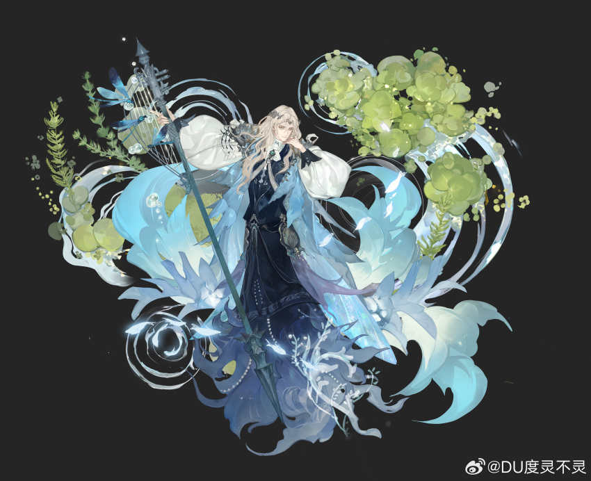 1boy absurdres algae aqua_eyes armor ascot black_background blonde_hair blue_cape blue_robe brooch cape circlet closed_mouth collared_shirt cuff_links du_ling_bu_ling duckweed expressionless faulds fish full_body hand_up harp highres holding holding_polearm holding_weapon instrument jewelry long_hair long_sleeves looking_at_viewer male_focus official_art outstretched_arm parted_bangs pauldrons polearm project_soul puffy_long_sleeves puffy_sleeves ring ripples robe shirt shoulder_armor sleeve_cuffs solo spear water wavy_hair weapon weibo_logo weibo_username white_ascot white_shirt