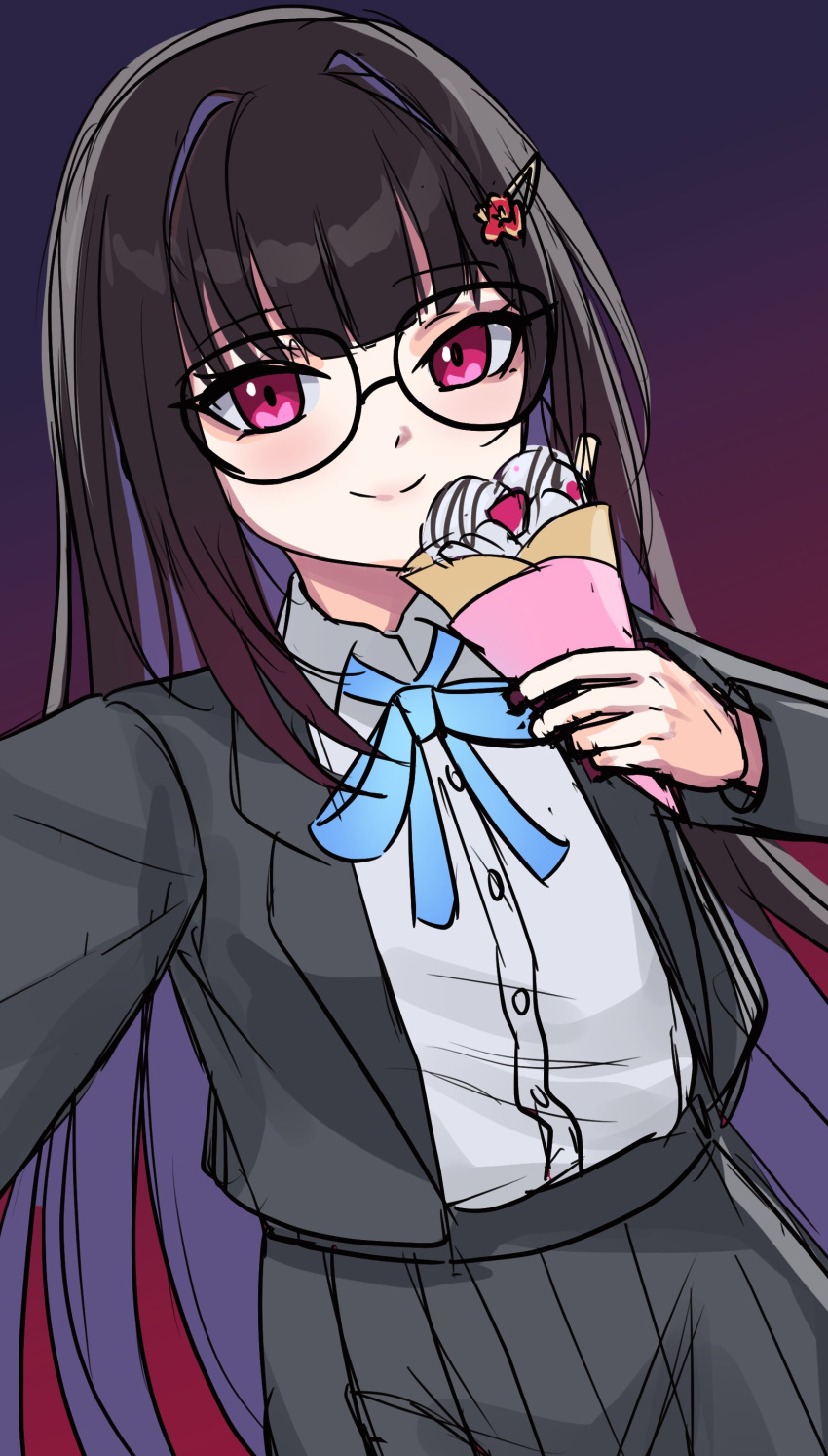 1girl absurdres black_jacket black_skirt blazer blue_ribbon blush brown_hair closed_mouth collared_shirt colored_inner_hair cowboy_shot flareza food glasses gradient_background hair_intakes hair_ornament hairclip high-waist_skirt highres holding holding_food holding_ice_cream honkai:_star_rail honkai_(series) ice_cream jacket long_hair long_sleeves looking_at_viewer multicolored_hair neck_ribbon open_clothes open_jacket outstretched_arm pink_eyes pleated_skirt purple_hair ribbon school_uniform selfie shirt skirt smile solo sparkle_(honkai:_star_rail) straight_hair white_shirt