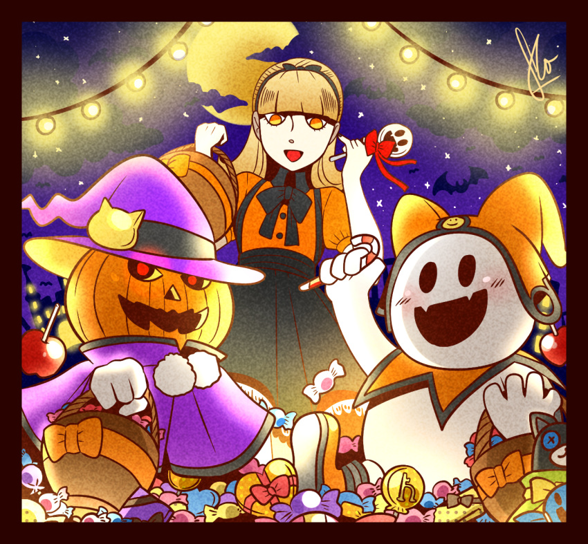 1girl 2boys alice_(megami_tensei) alternate_costume blonde_hair blunt_bangs candy candy_cane dress duckpasta food hair_ribbon hairband halloween halloween_costume hat highres holding holding_candy holding_food holding_lollipop jack-o'-lantern jack_frost lollipop long_hair looking_at_viewer moon multiple_boys night night_sky open_mouth pumpkin pyro_jack ribbon shin_megami_tensei signature sitting sky smiley_face star_(sky) yellow_eyes