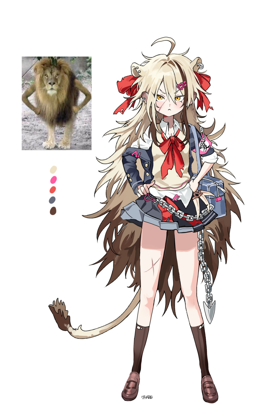 absurdres ahoge animal_ears armband bag blonde_hair blue_bag bow brown_footwear brown_hair brown_socks chain ear_piercing extra_ears gradient_hair grey_jacket grey_skirt hair_bow hand_on_own_hip highres jacket lion_ears lion_girl lion_tail loafers mane messy_hair multicolored_hair neckerchief ohw8g original parted_bangs piercing pleated_skirt red_bow red_neckerchief scar scar_on_face scar_on_leg school_uniform shoes shoulder_bag sidelocks skirt socks streaked_hair tail torn_clothes two-tone_hair white_background yellow_eyes