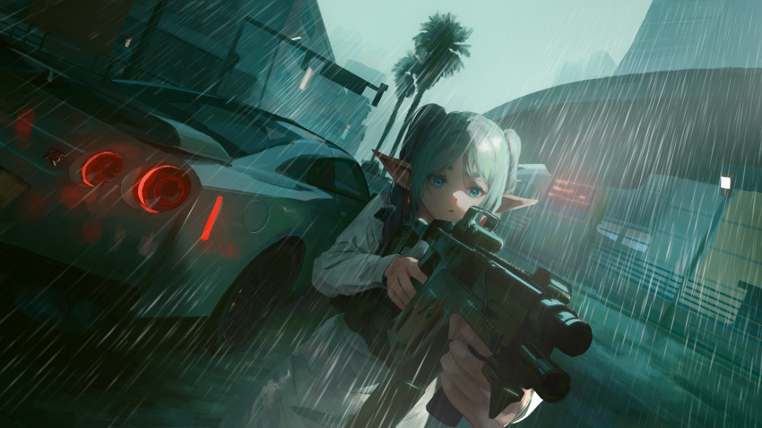 1girl absurdres assault_rifle black_vest building car city clouds cloudy_sky commentary dangle_earrings drop_earrings earrings elf frieren green_eyes grey_hair gun highres holding holding_gun holding_weapon jewelry making-of_available motor_vehicle nissan nissan_gt-r outdoors palm_tree pointy_ears rain rifle sky solo sousou_no_frieren traffic_light tree twintails vector vest weapon wet yao_liao_wang