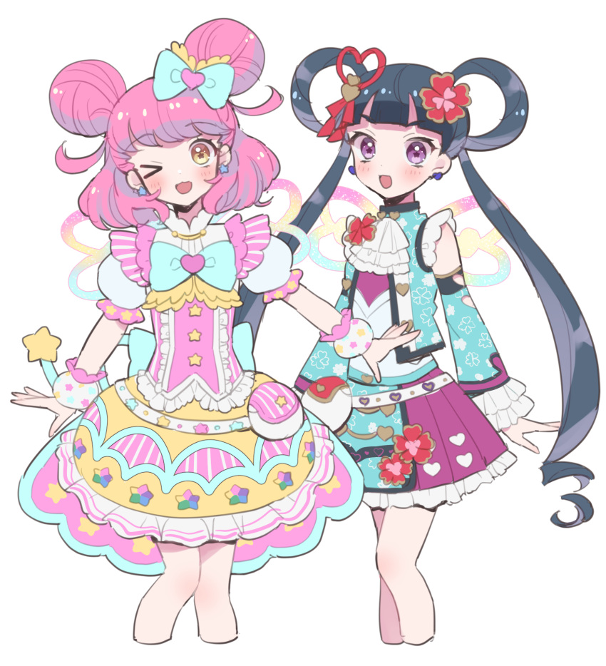 2girls ;d ascot belt_pouch blue_jacket blunt_bangs blush bow detached_sleeves double_bun dress earrings flower frilled_dress frilled_skirt frilled_sleeves frills hair_bow hair_bun hair_flower hair_ornament heart heart_hair_ornament highres hoshikuzu_(pinkholic) idol_clothes jacket jewelry kiracchu_(pri_chan) kiratto_pri_chan long_hair looking_at_viewer melpan_(pri_chan) multiple_girls one_eye_closed open_mouth pink_dress pink_hair pleated_skirt pouch pretty_series puffy_short_sleeves puffy_sleeves short_sleeves simple_background skirt sleeveless sleeveless_jacket smile standing star-shaped_pupils star_(symbol) symbol-shaped_pupils twintails very_long_hair white_ascot white_background yellow_eyes