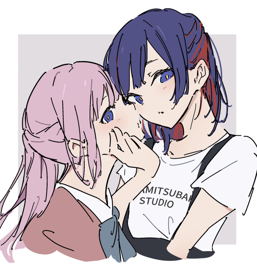 2girls atenaba blue_bow blue_bowtie blue_hair blush bow bowtie cheek_squash collared_shirt forehead-to-forehead grey_background hand_on_another's_face heads_together highres kaf_(kamitsubaki_studio) kamitsubaki_studio medium_hair multicolored_hair multiple_girls pink_hair pink_sweater ponytail redhead rim_(kamitsubaki_studio) shirt short_sleeves streaked_hair suspenders sweater two-tone_background upper_body white_background white_shirt yellow_pupils yuri